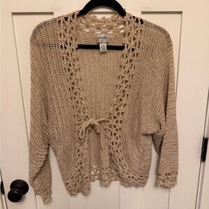 Chico's beige crochet knit cardigan with an open, tie-front size 2 large boho